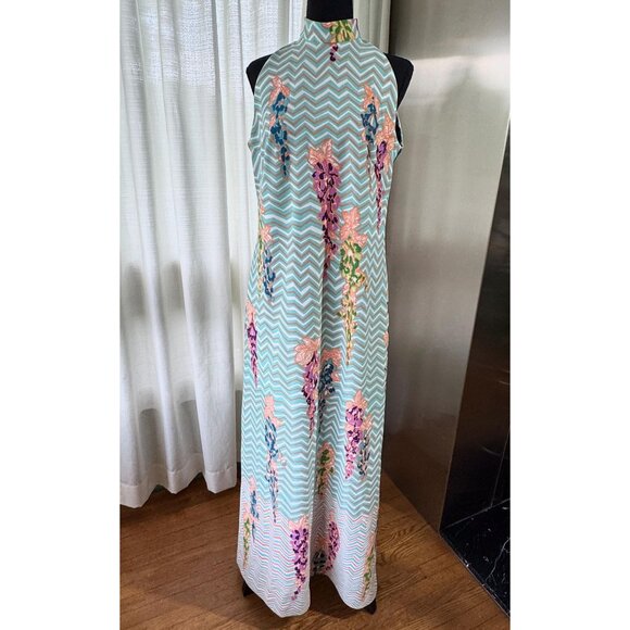 Vintage 70s maxi dress, teal, orange white zigzag floral MOD print, sleeveless - Picture 1 of 8